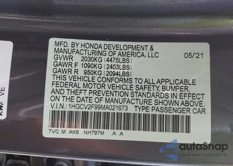 2021 Honda Accord Touring z USA, uszkodzony, nr VIN 1HGCV2F99MA021673